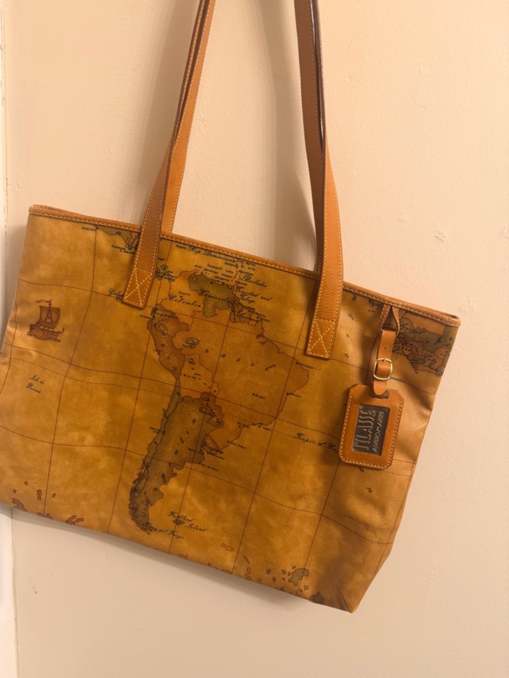 Alviero Martini Yellow Brown Map-Print Leather Tote